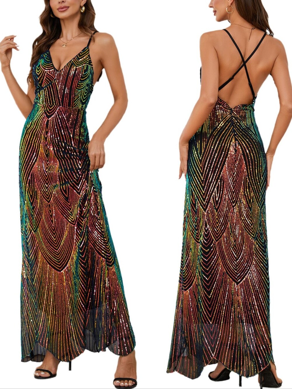 Women's Black VNeck Spaghetti Strap Sequin Sparkly Glitter Maxi Evening Dress, M